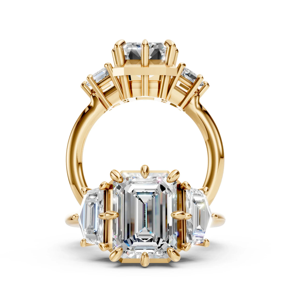Gold engagement ring with emerald-cut center diamond and baguette side diamonds