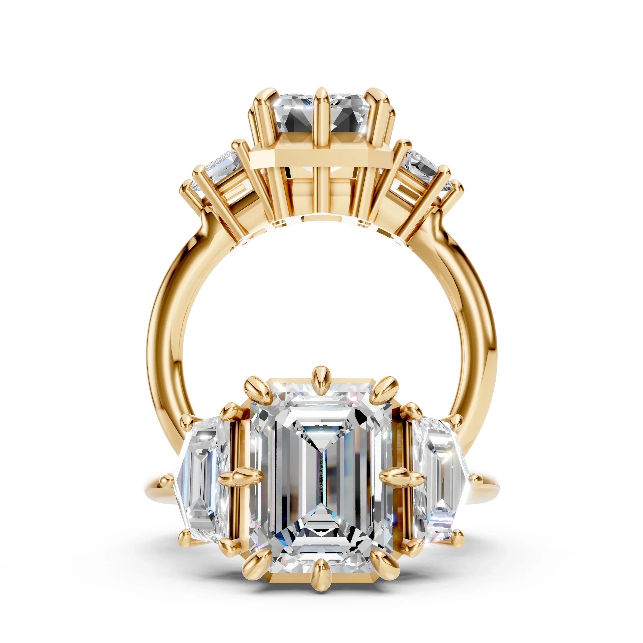 Gold engagement ring with emerald-cut center diamond and baguette side diamonds