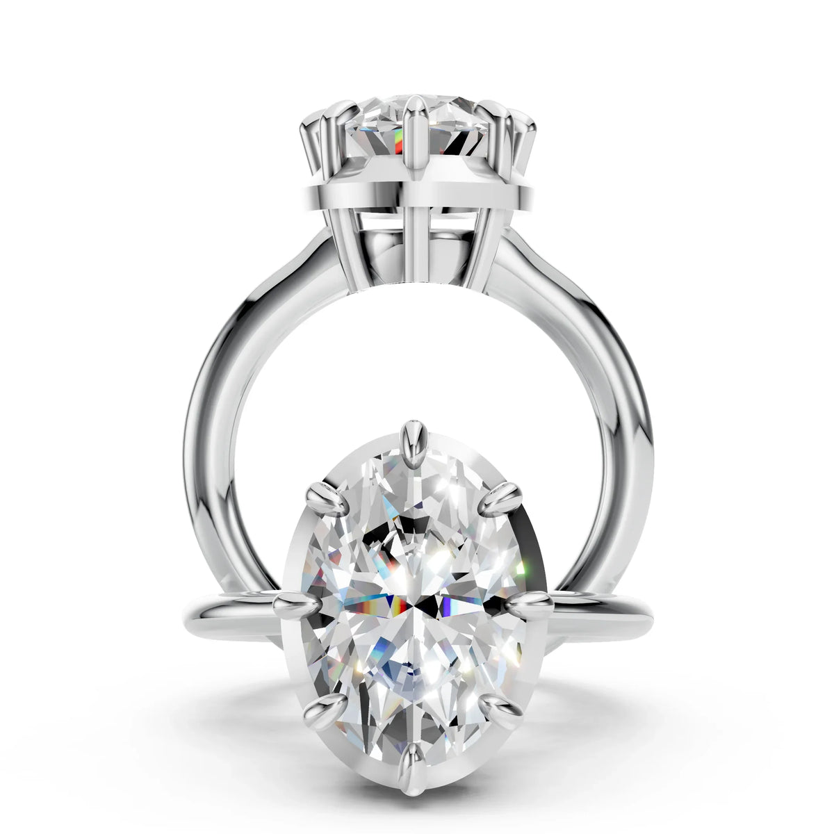 Oval-cut diamond solitaire engagement ring in a six-prong white gold setting