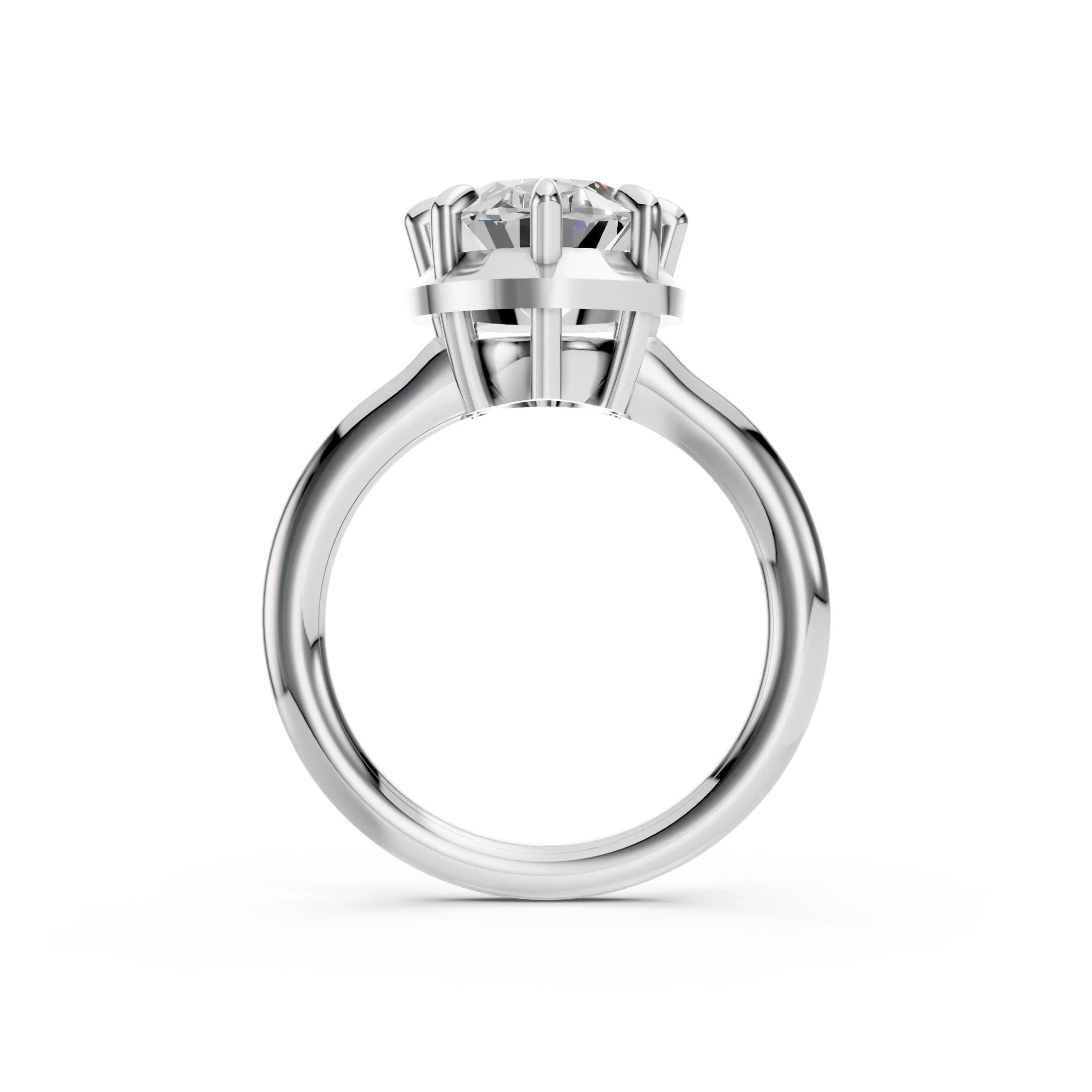 Side view of a solitaire diamond engagement ring with a white gold band