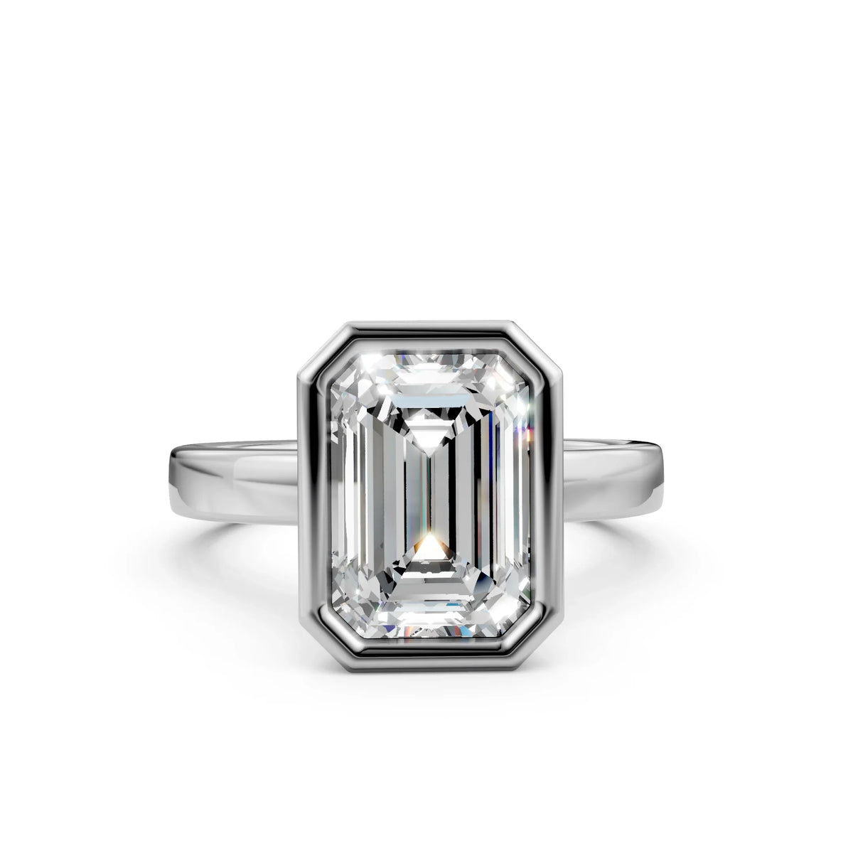 Emerald cut diamond solitaire engagement ring with sleek white gold band