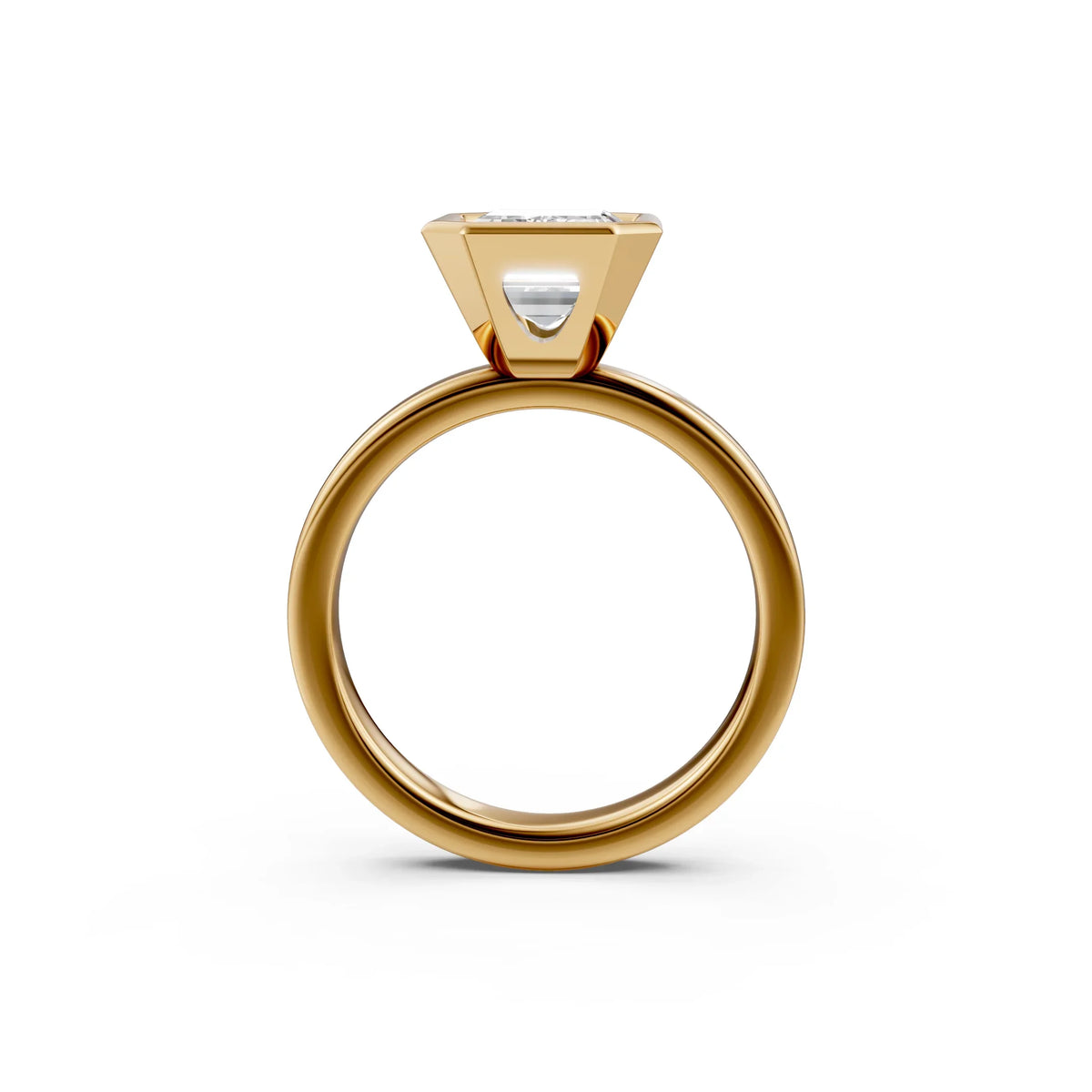 Side view of a gold engagement ring with a raised solitaire diamond setting