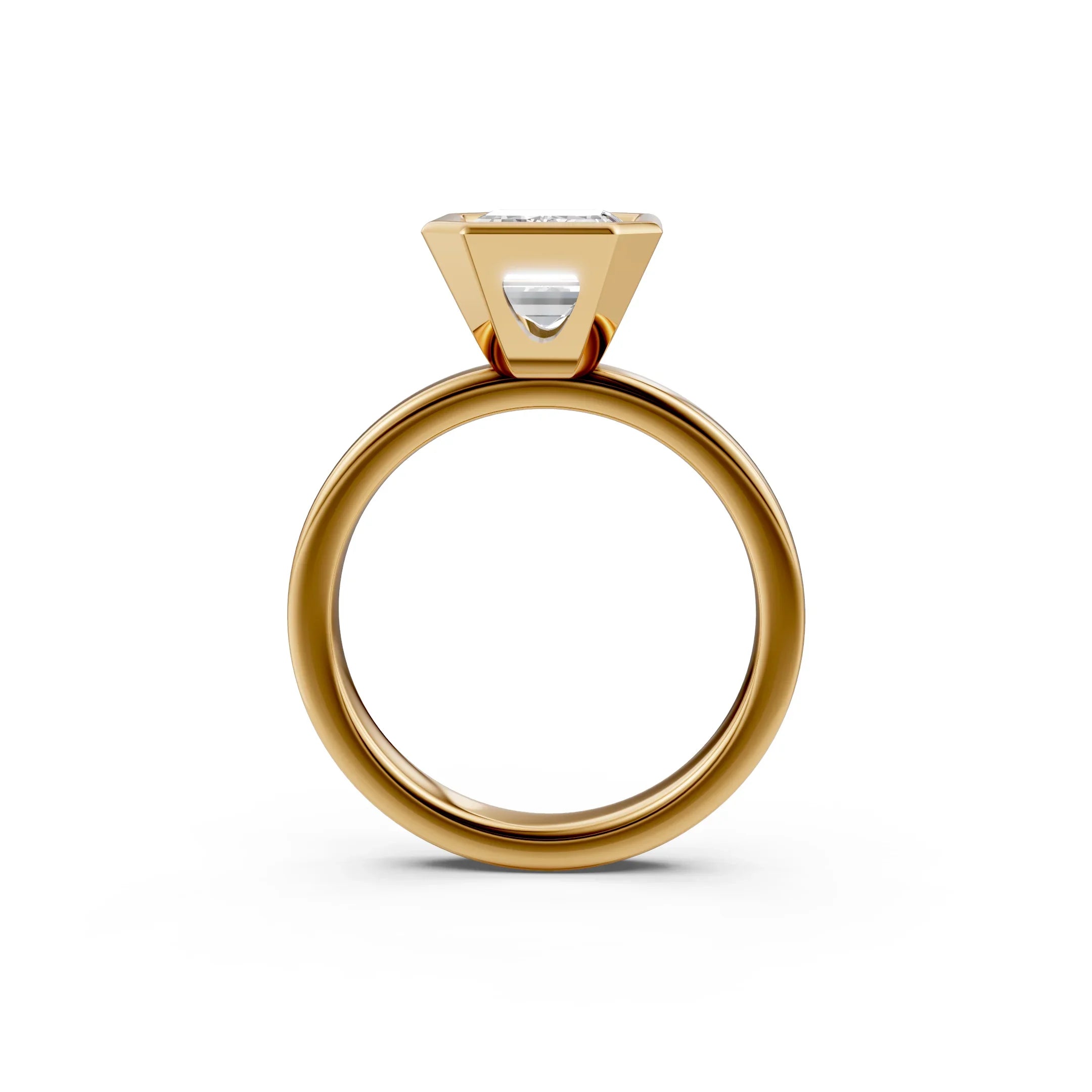 Side view of a gold engagement ring with a raised solitaire diamond setting