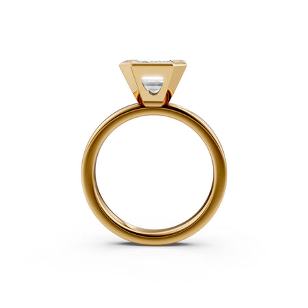 Side view of a gold engagement ring with a raised solitaire diamond setting