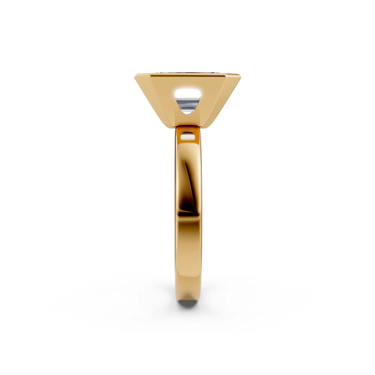 Yellow gold solitaire engagement ring with geometric setting, side profile view