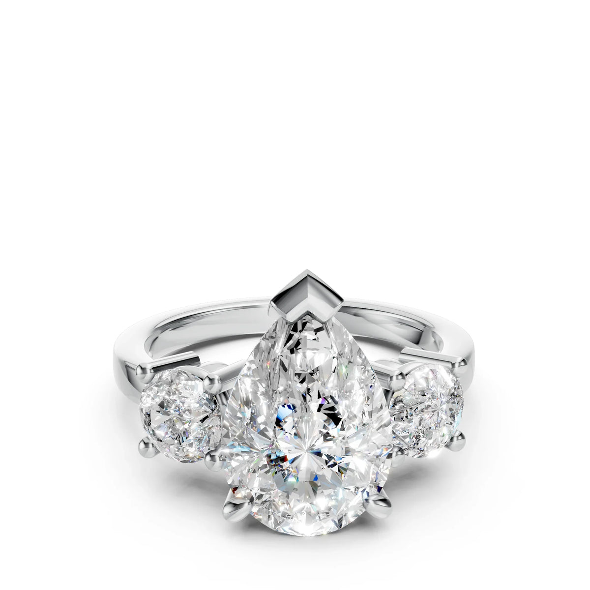 Pear-shaped diamond engagement ring with two round side diamonds on a white gold band