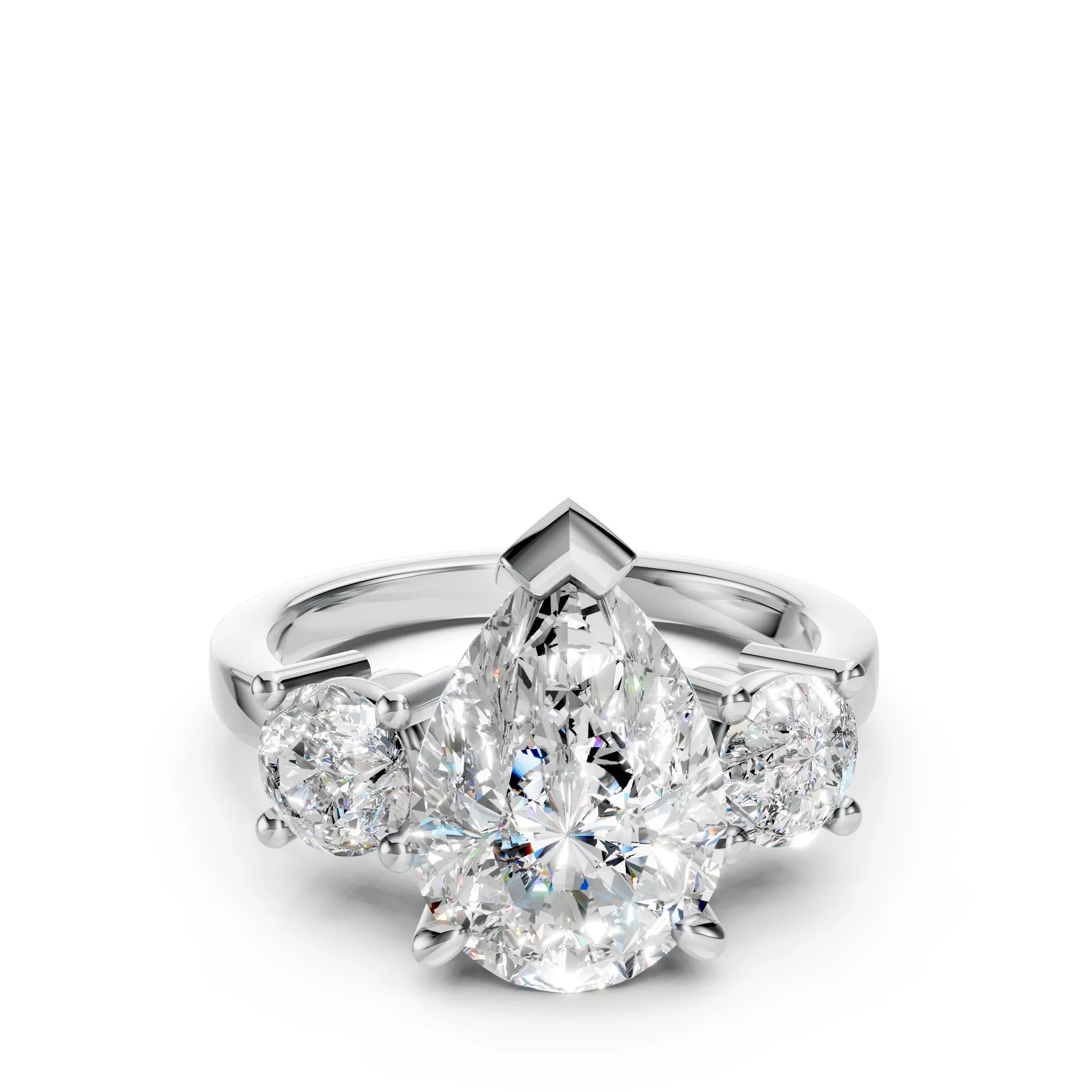 Pear-shaped diamond engagement ring with two round side diamonds on a white gold band