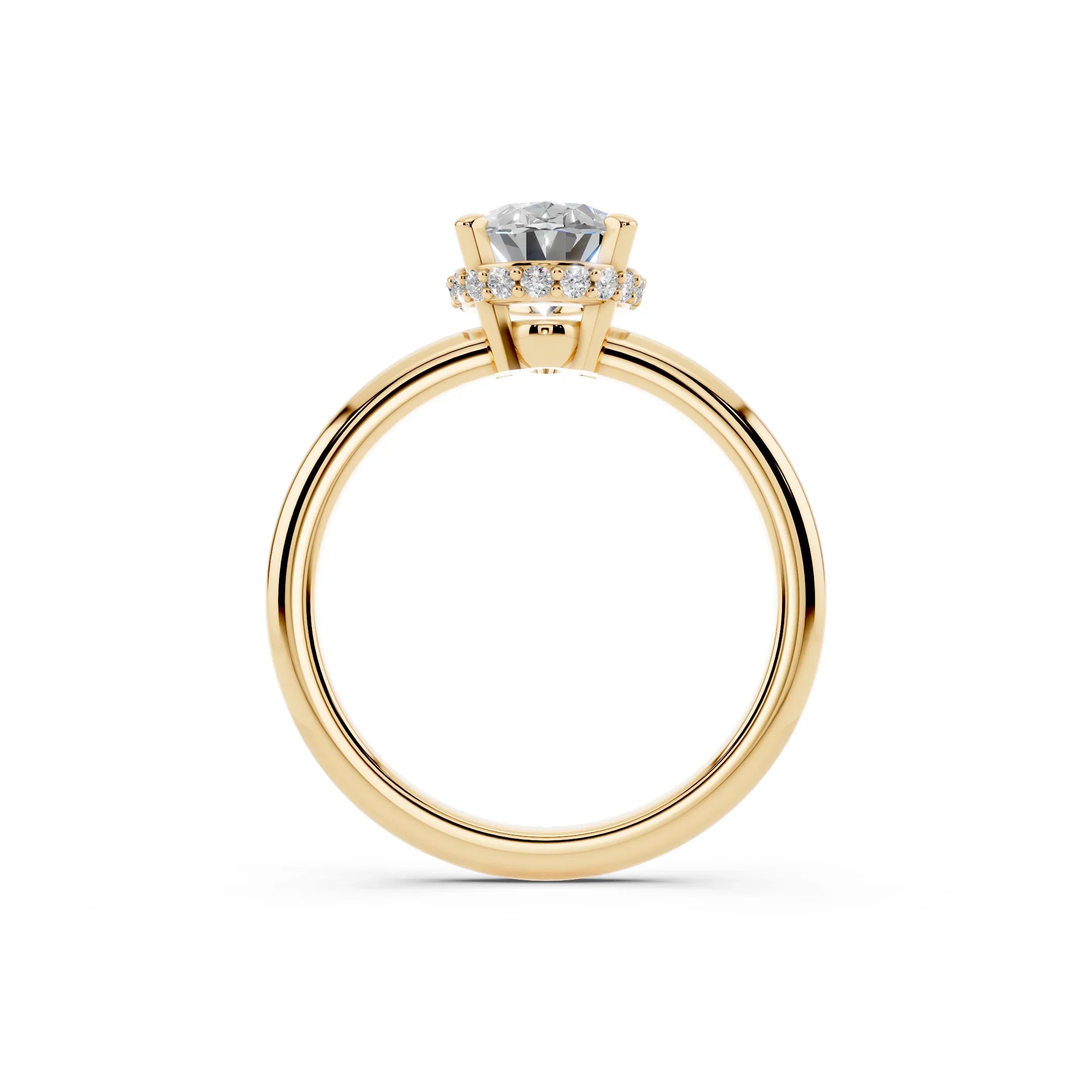 Yellow gold engagement ring with round solitaire diamond and pavé diamond halo