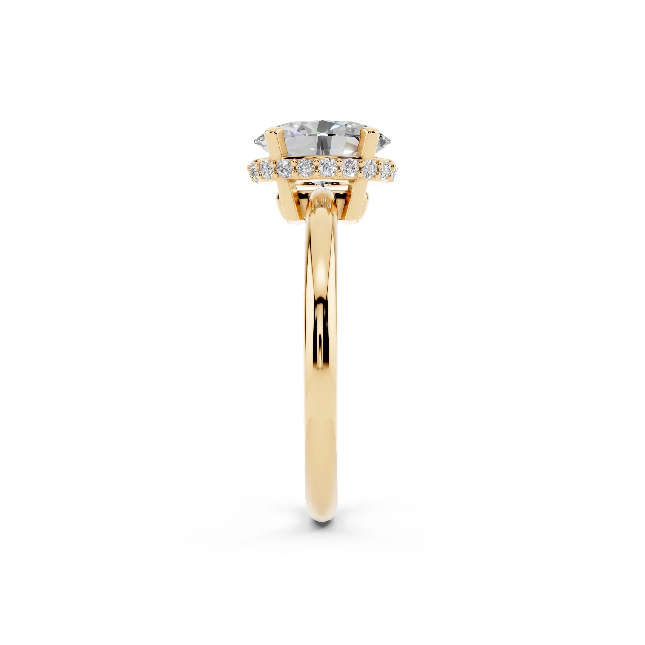 Yellow gold solitaire engagement ring with round diamond and halo setting