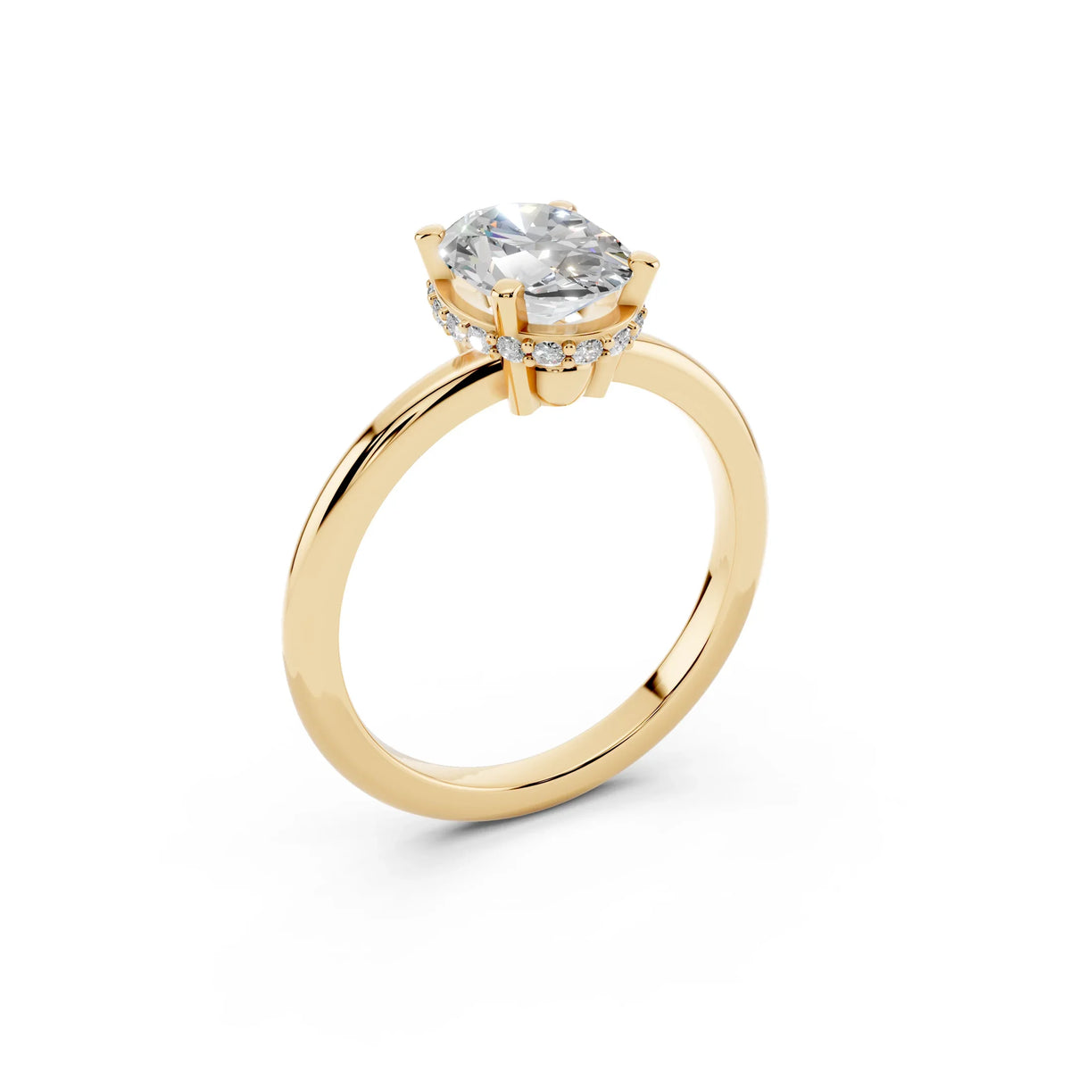 Yellow gold engagement ring with round solitaire diamond and pavé accent stones