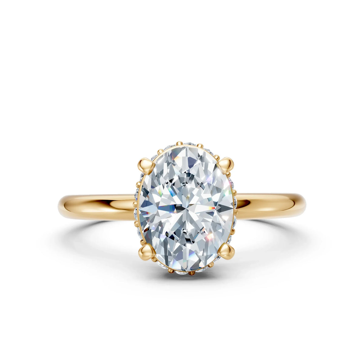 Oval-cut diamond engagement ring with gold band on white background