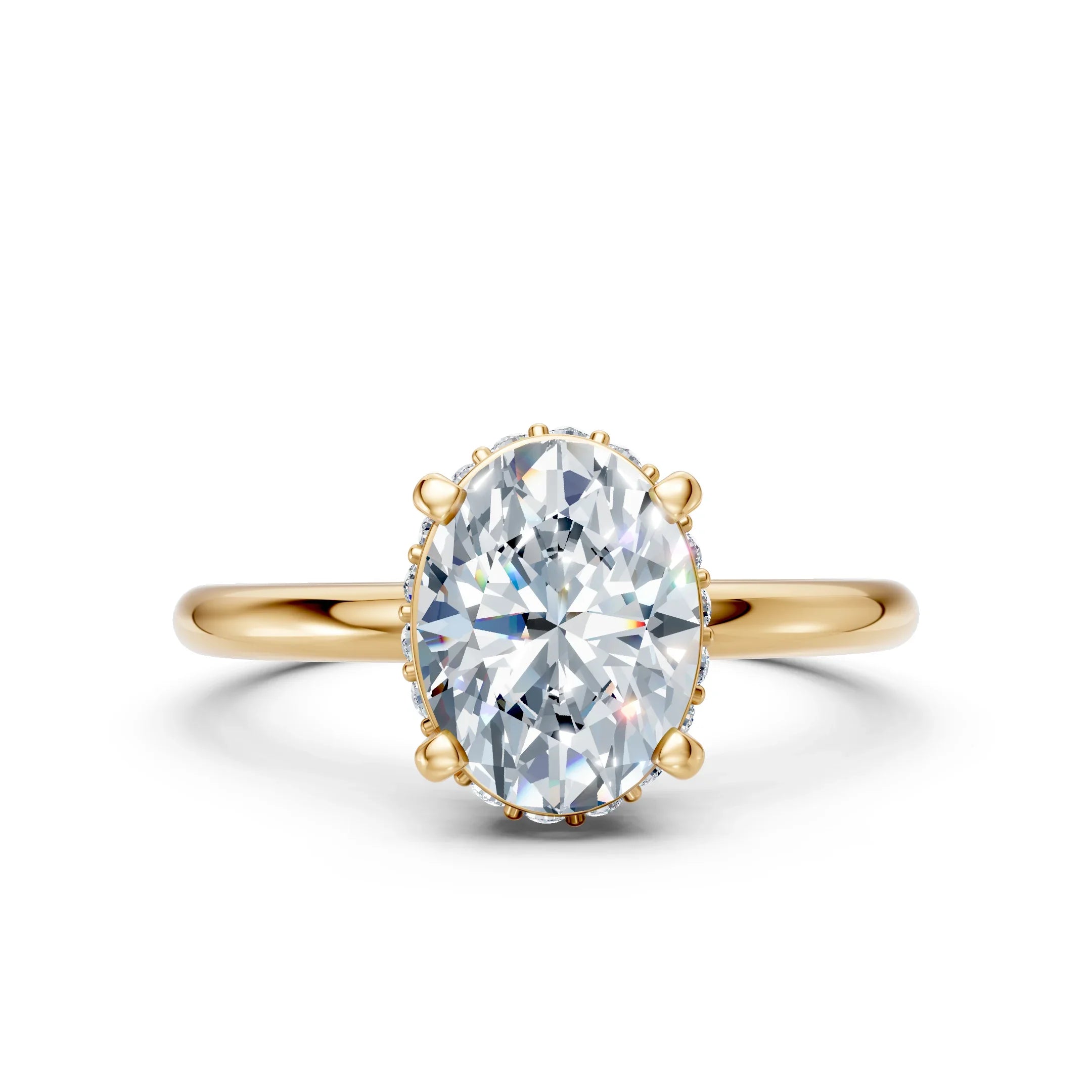 Oval-cut diamond engagement ring with gold band on white background