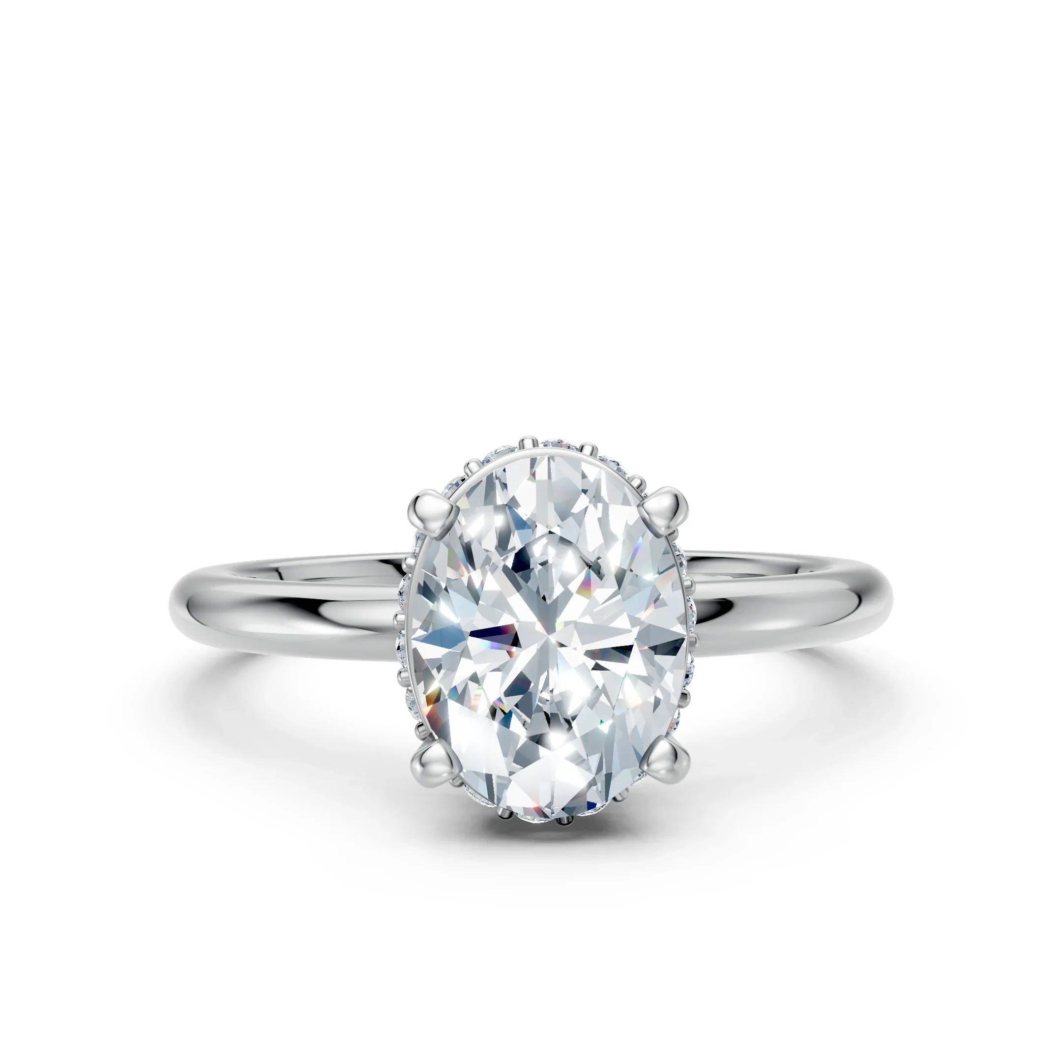 Oval cut diamond engagement ring with solitaire setting on polished metal band