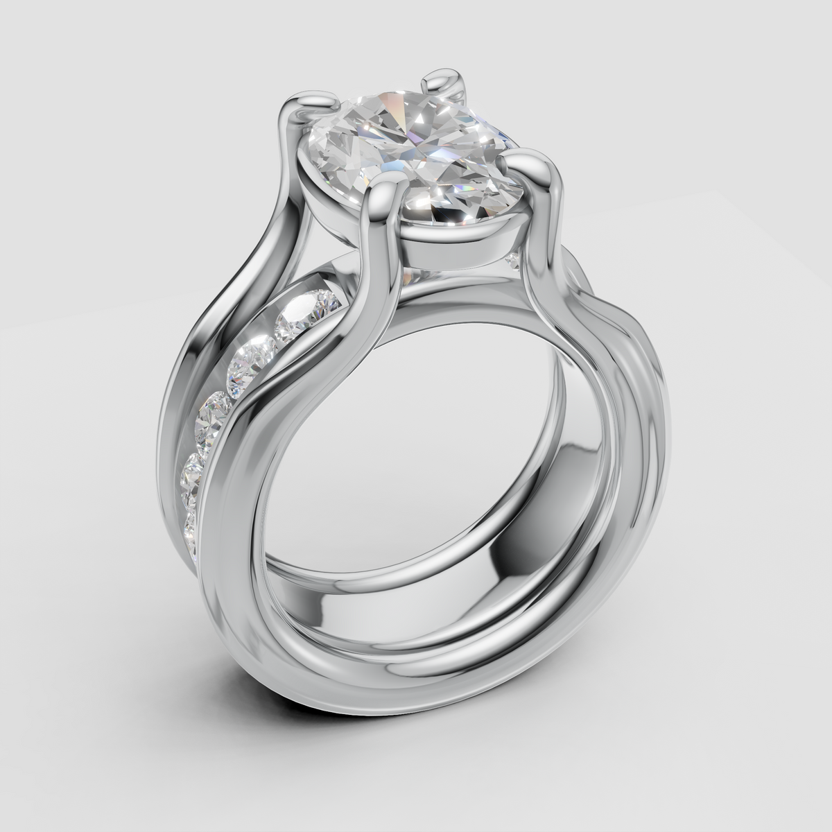 Custom white gold engagement ring with oval center diamond and channel-set side stones