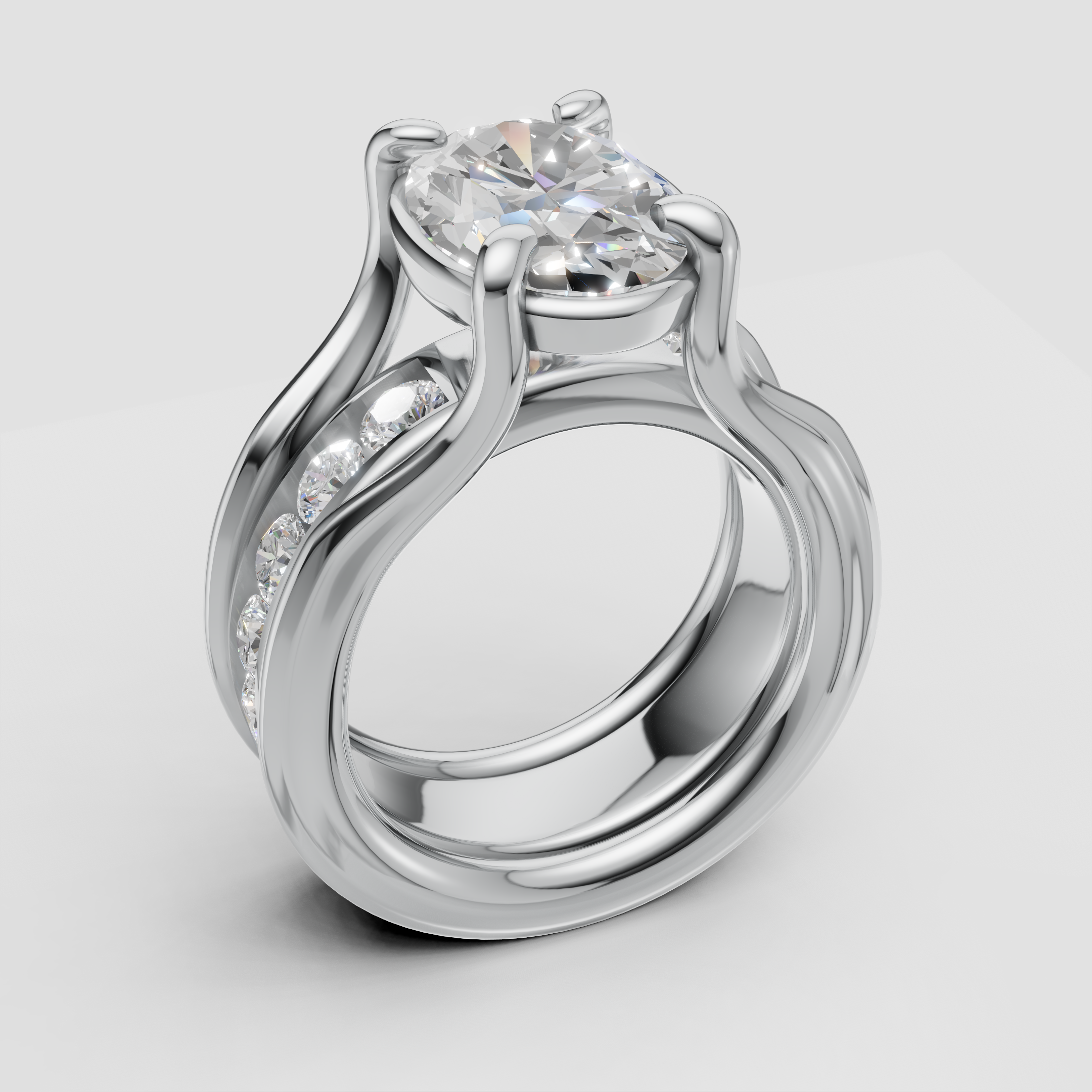 Custom white gold engagement ring with oval center diamond and channel-set side stones