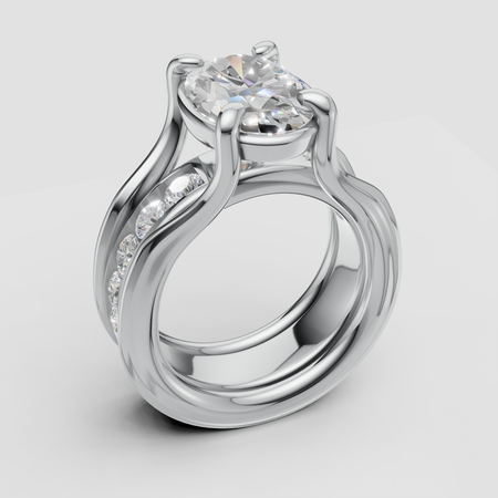 Custom white gold engagement ring with oval center diamond and channel-set side stones