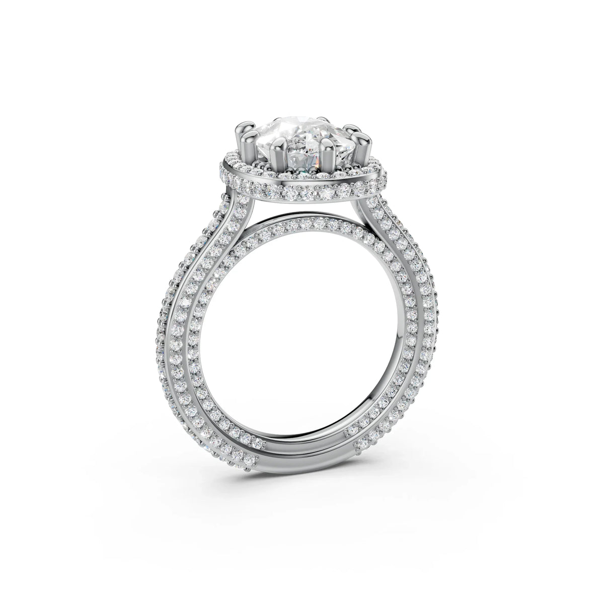 White gold engagement ring with round center diamond and pavé double halo setting