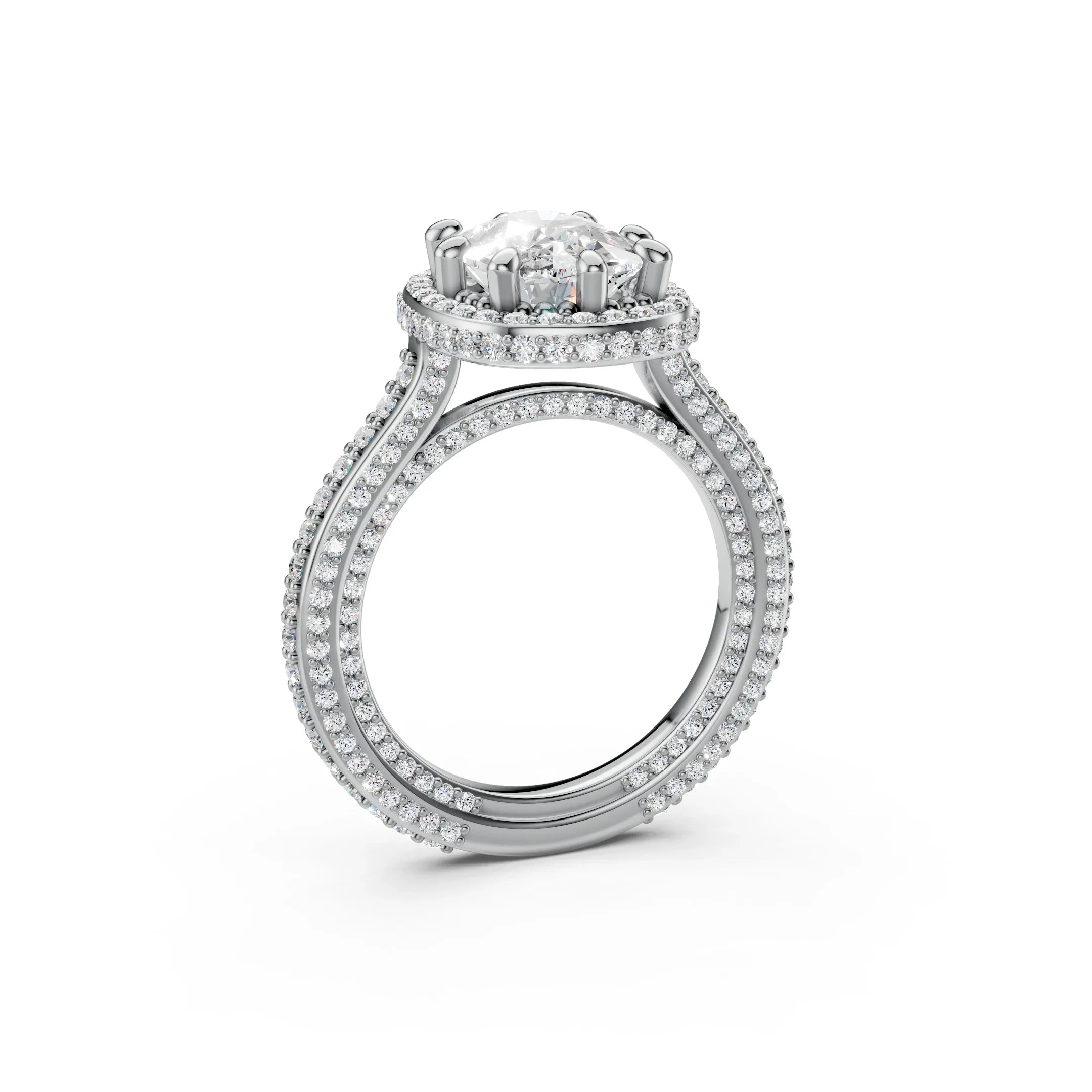 White gold engagement ring with round center diamond and pavé double halo setting
