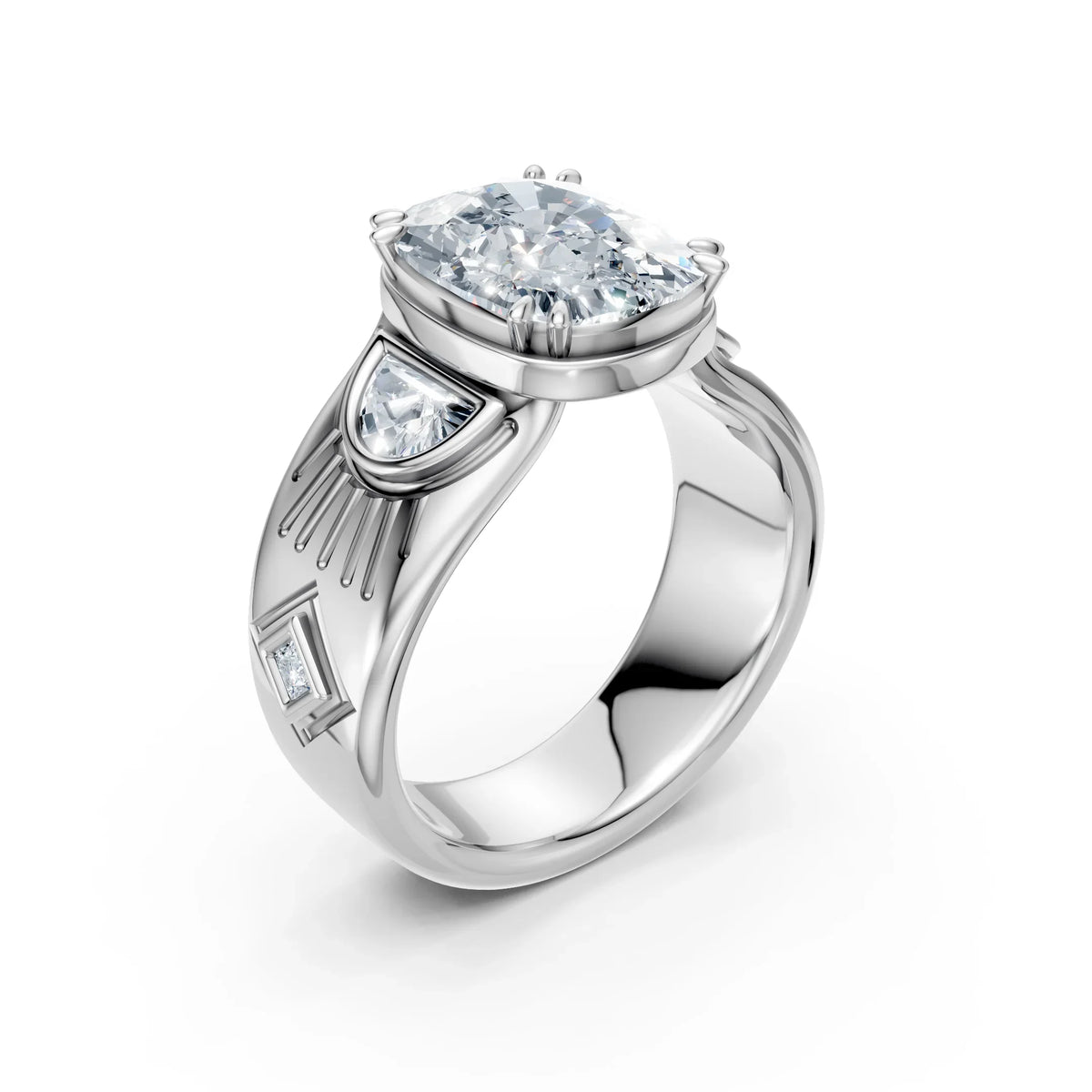 Custom white gold engagement ring with cushion-cut center diamond and side stones
