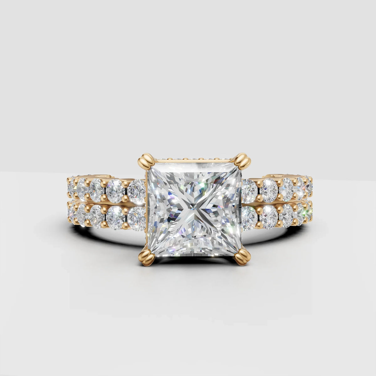 Princess cut diamond engagement ring with double pavé gold band