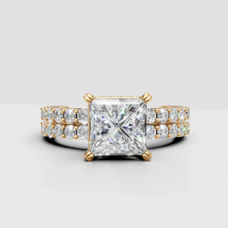 Princess cut diamond engagement ring with double pavé gold band