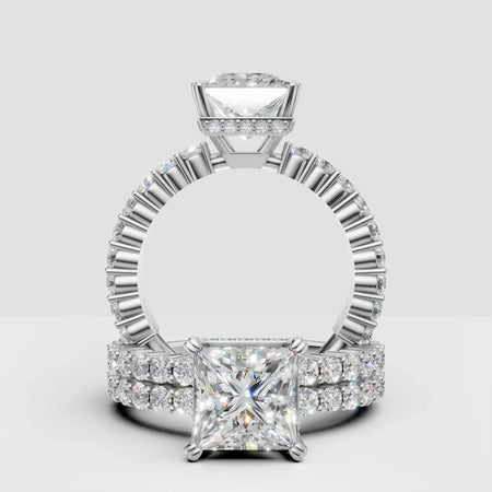Princess cut diamond engagement ring with pavé band in white gold, custom jewelry design