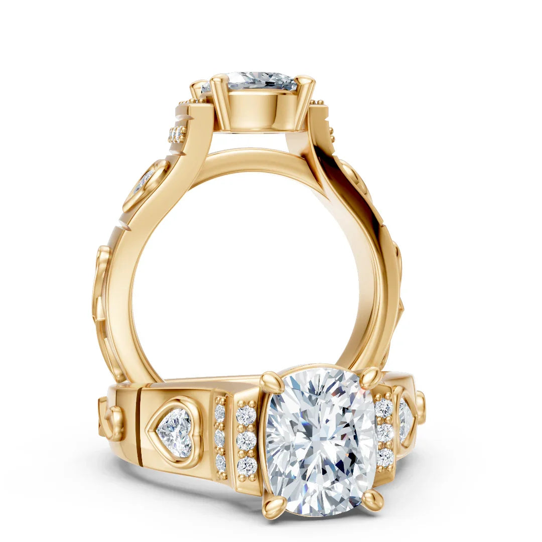 Yellow gold custom engagement ring with oval diamond center and side accent stones