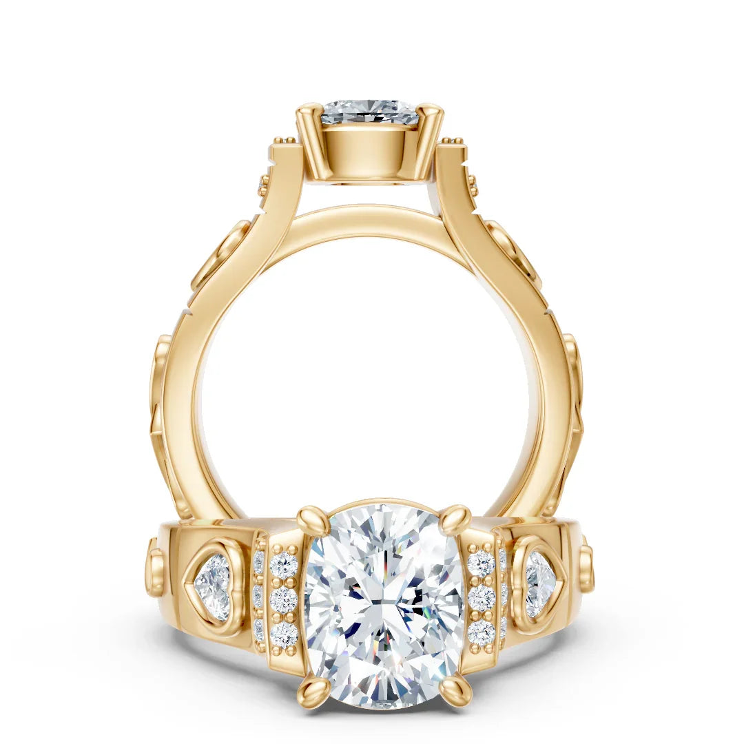 Yellow gold engagement ring with large oval center diamond, side diamonds, and intricate detailing