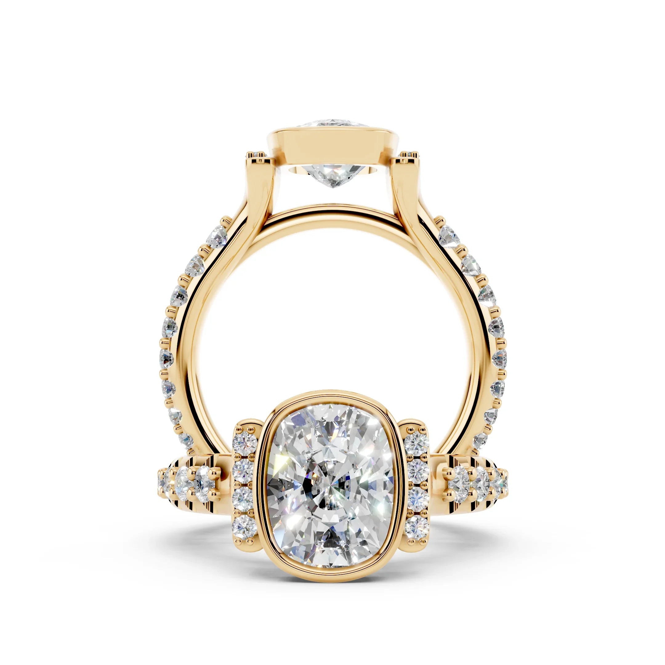 Custom yellow gold engagement ring with cushion-cut center diamond and pavé band