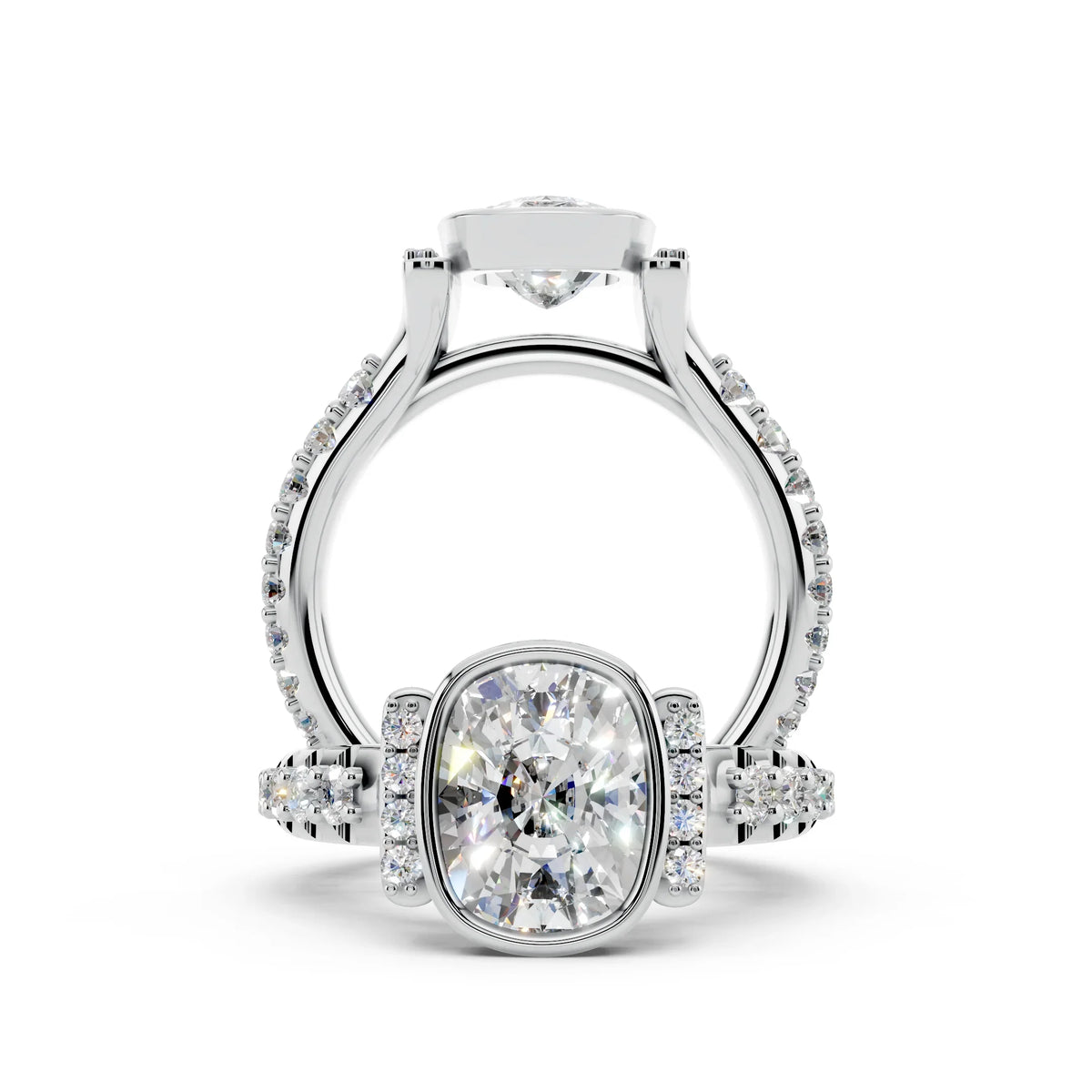 Cushion cut diamond engagement ring with pavé band and side stones in white gold