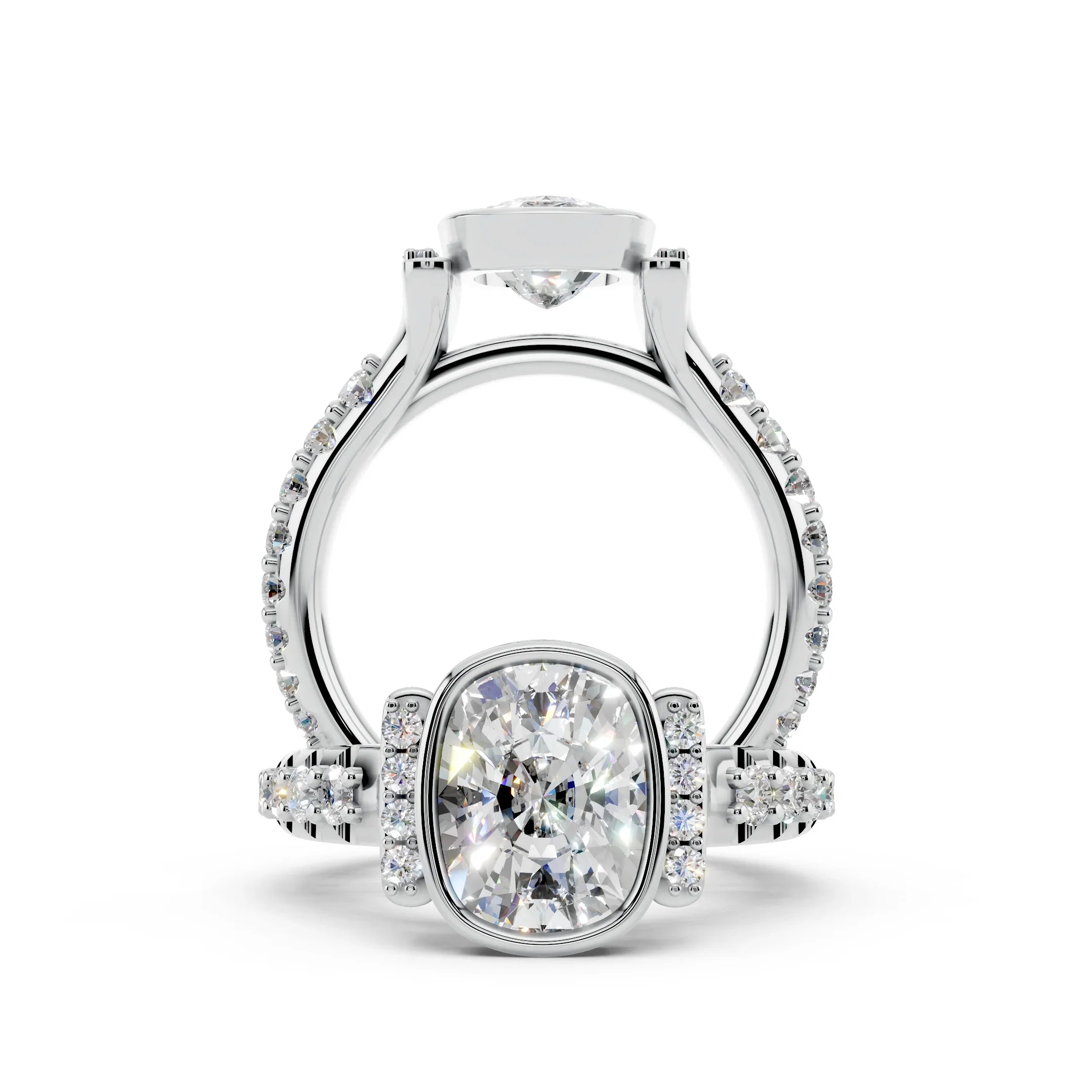 Cushion cut diamond engagement ring with pavé band and side stones in white gold