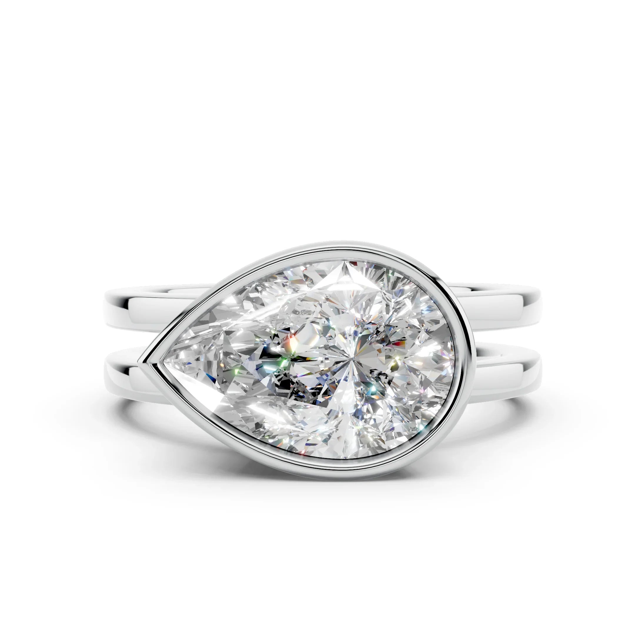 Pear-shaped diamond engagement ring with split shank white gold band