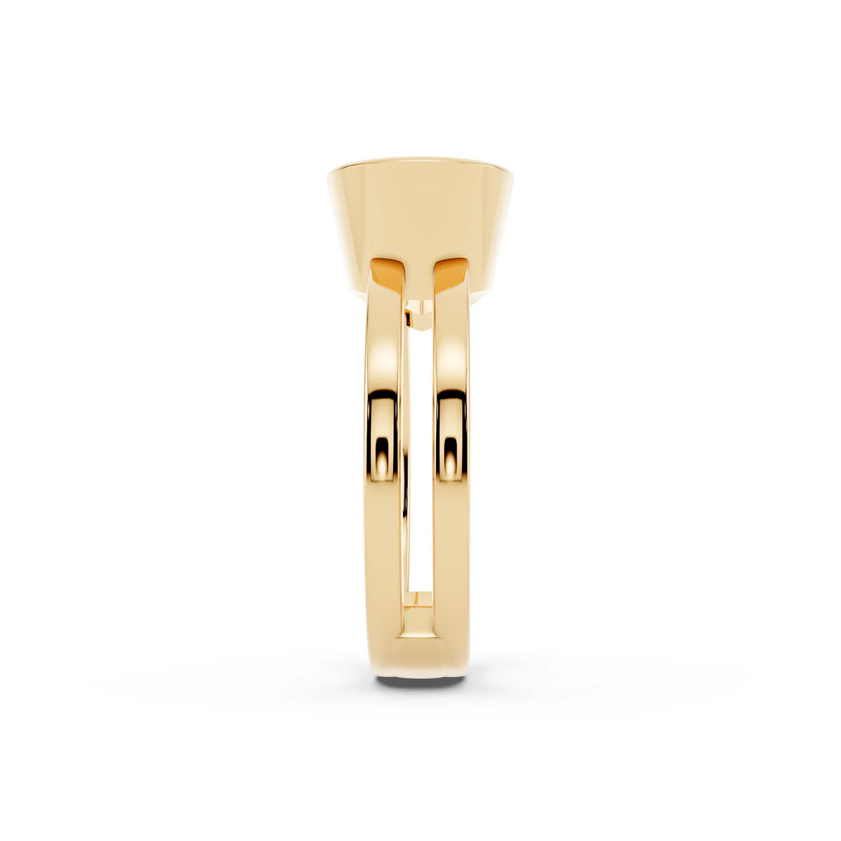 Side view of a modern gold engagement ring with split shank design on white background