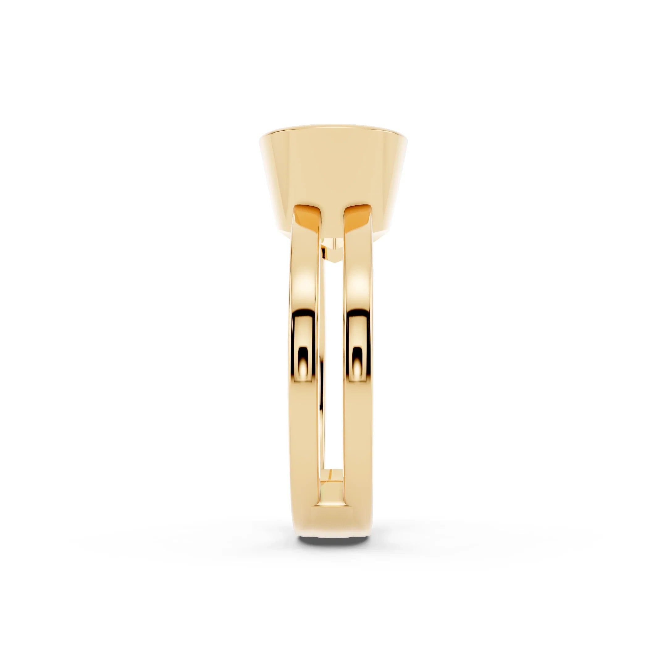 Side view of a modern gold engagement ring with split shank design on white background