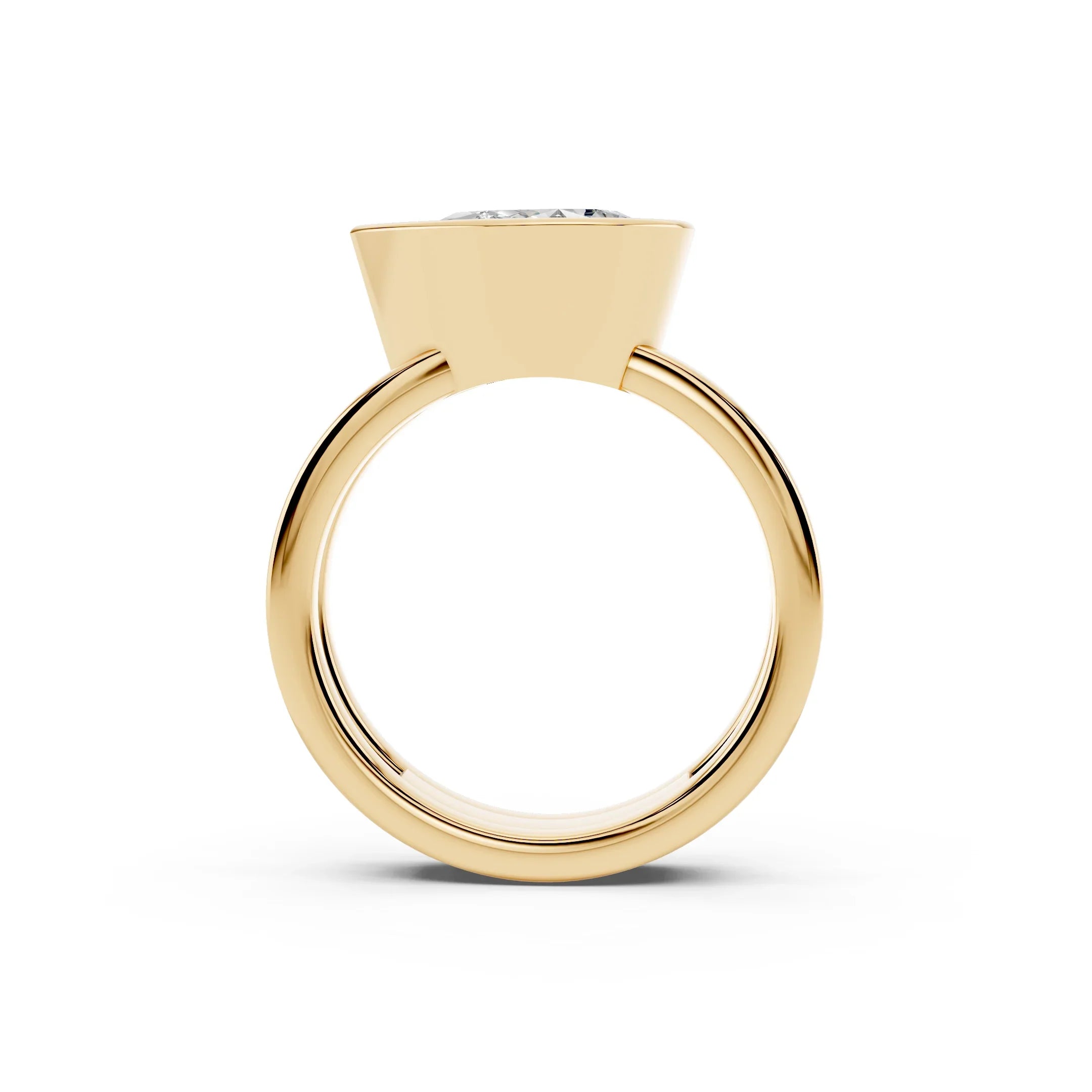 Yellow gold custom engagement ring with a raised solitaire setting, side view