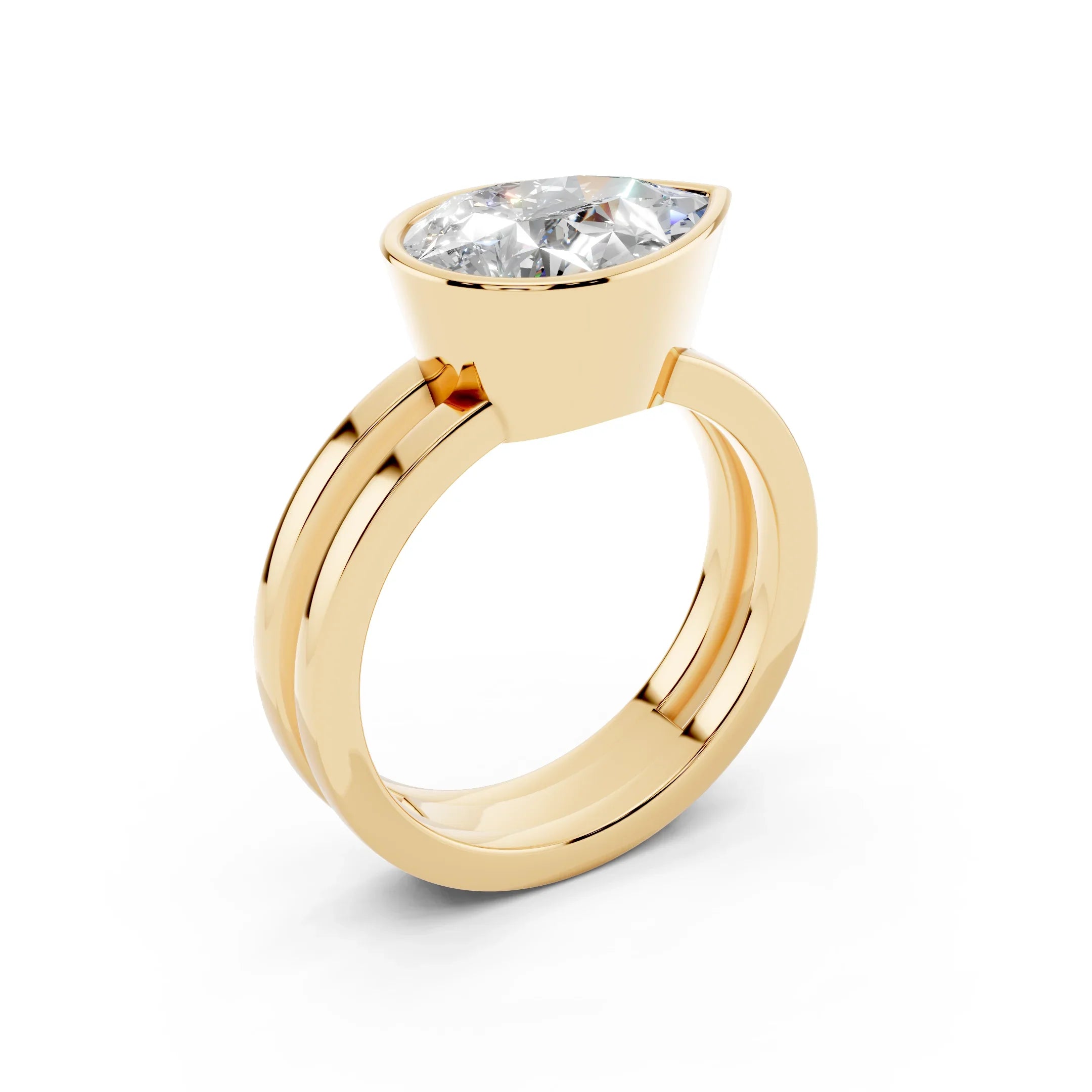 Yellow gold ring with marquise-cut diamond solitaire, modern wide band design