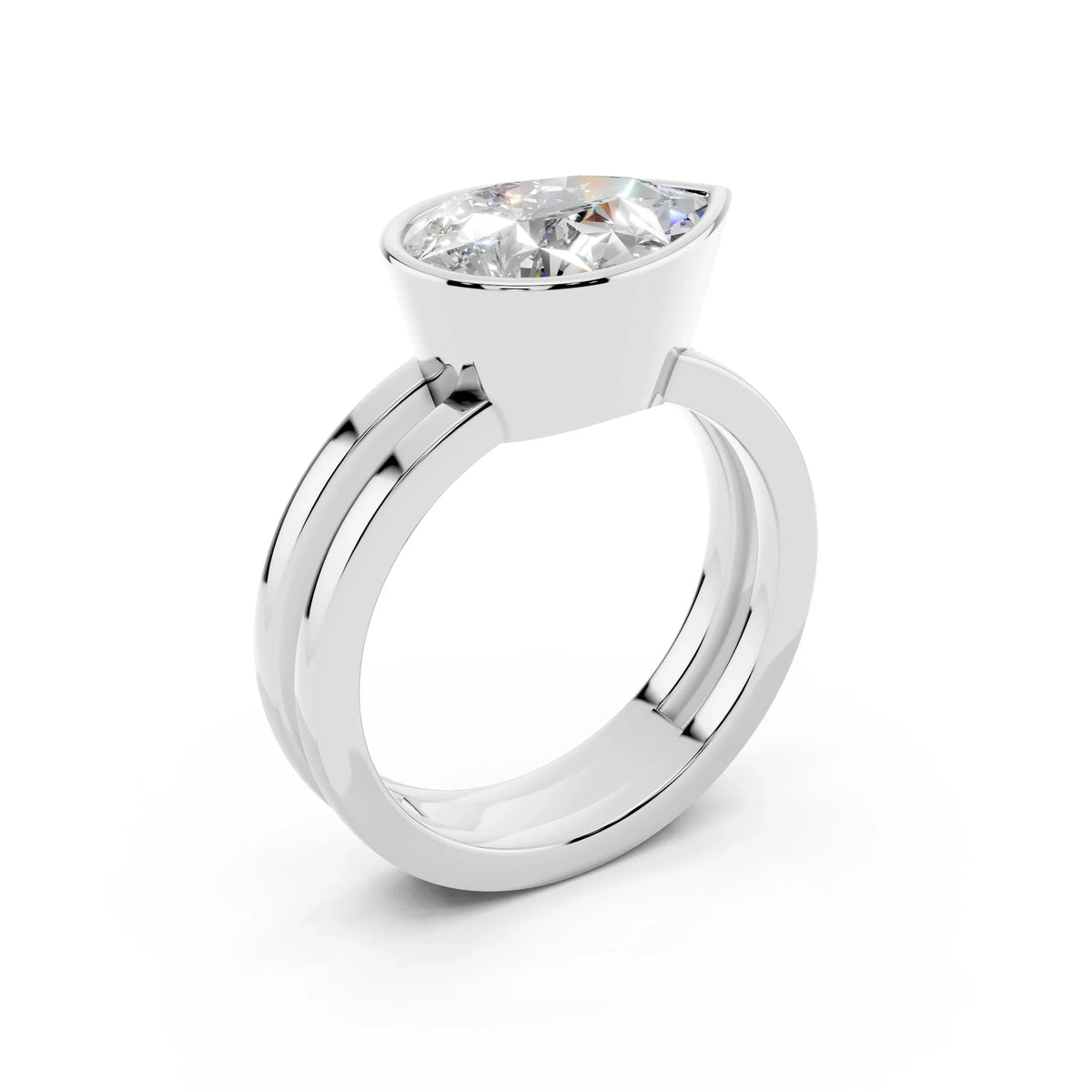 Custom pear-cut diamond engagement ring with split band in white metal
