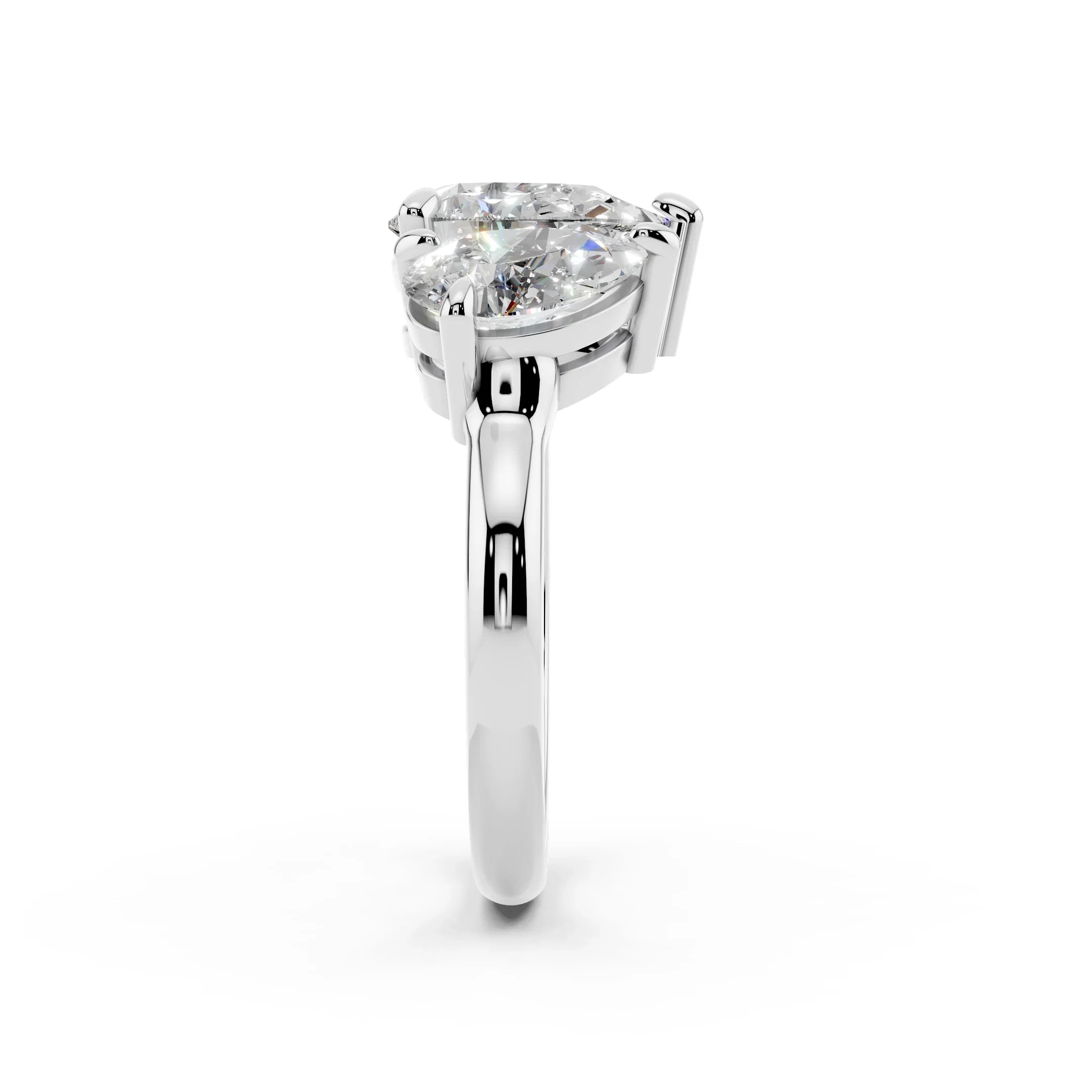 Side view of a white gold engagement ring with a heart-shaped diamond setting