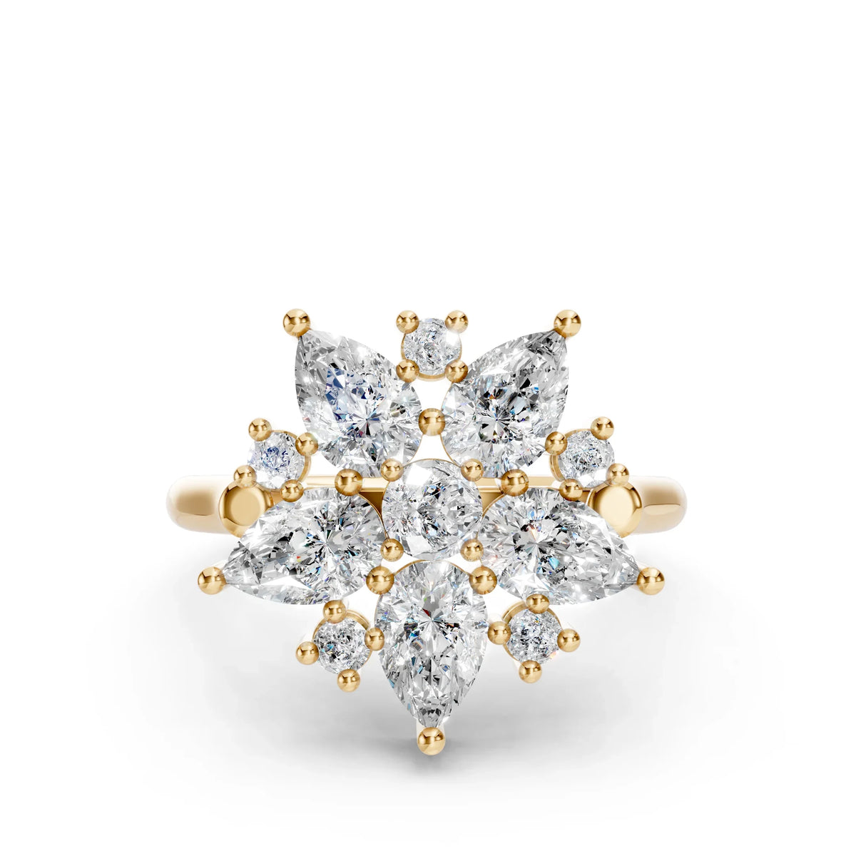 Gold ring with marquise and round diamonds arranged in a floral cluster setting