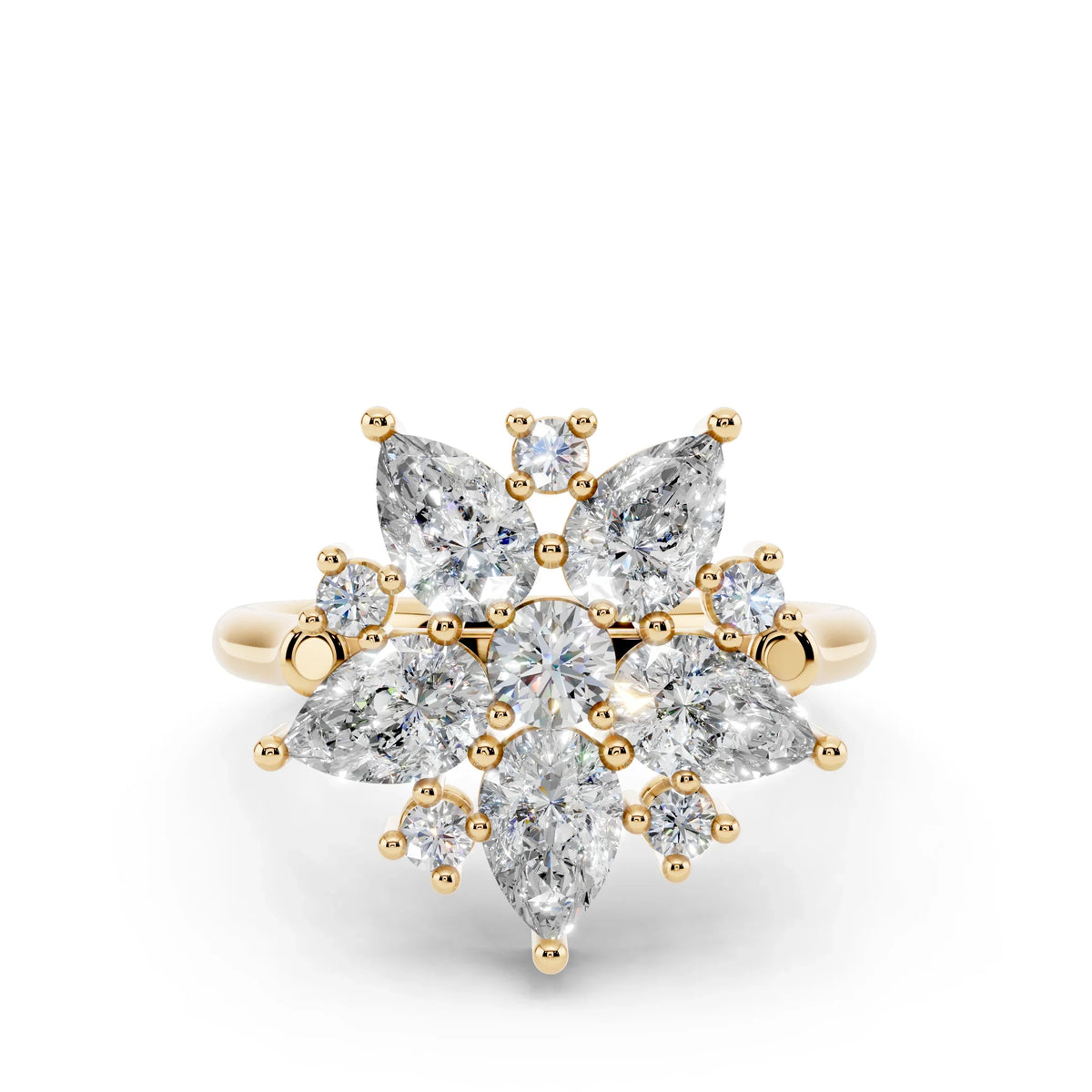 Yellow gold ring with marquise and round diamonds in a floral cluster design