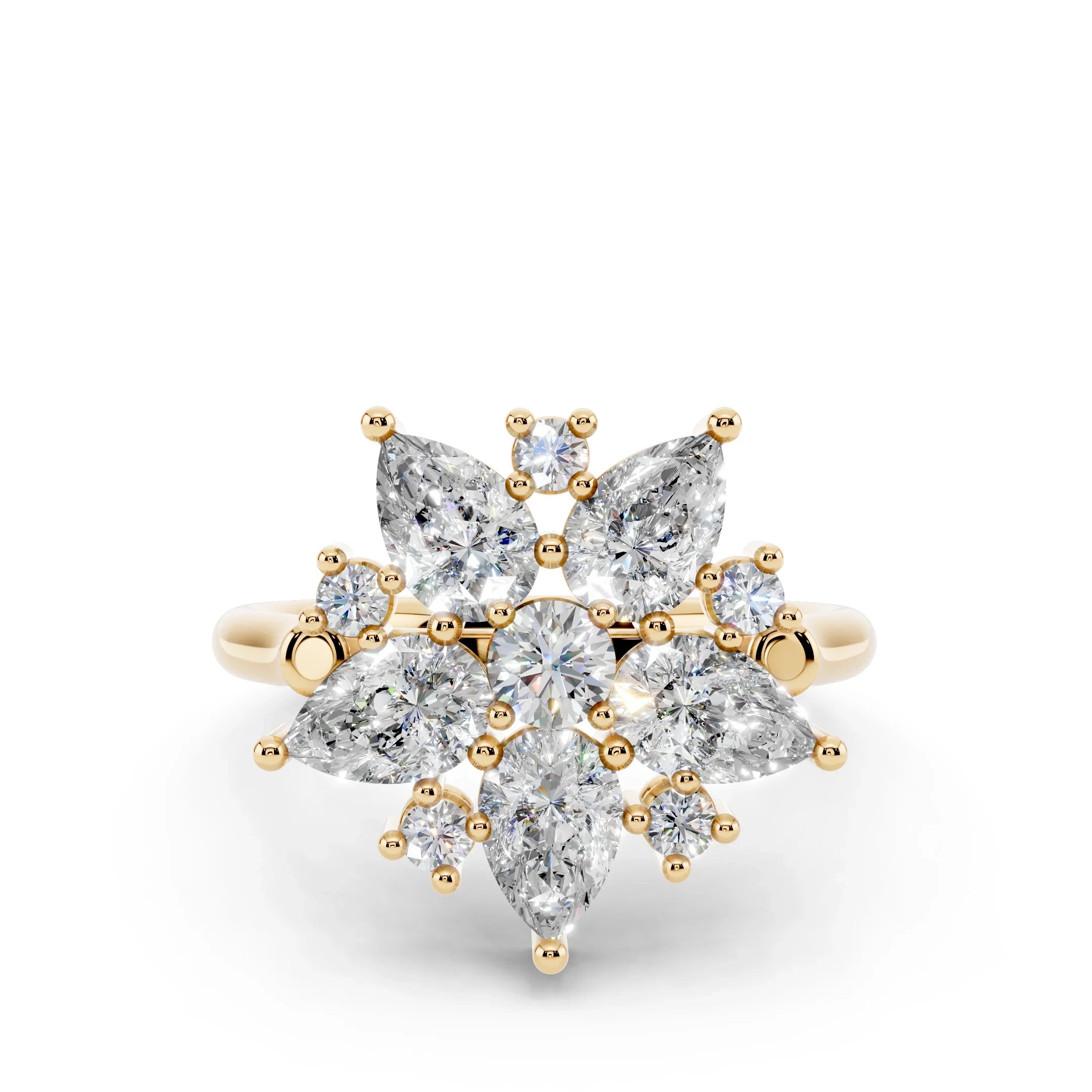 Yellow gold ring with marquise and round diamonds in a floral cluster design