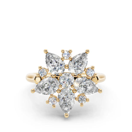 Yellow gold ring with marquise and round diamonds in a floral cluster design