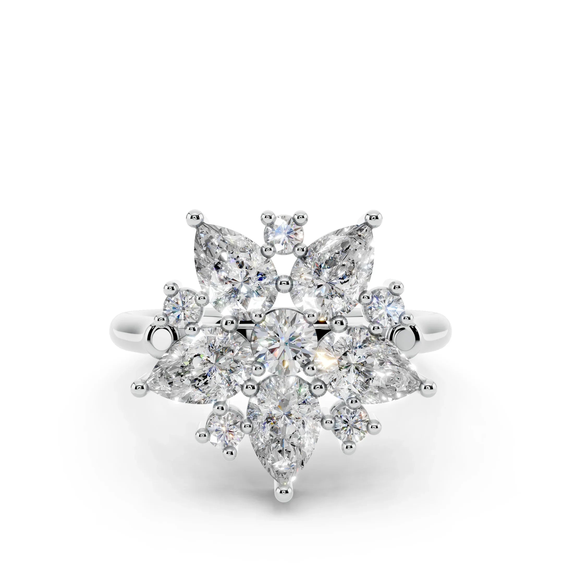Floral-inspired diamond cluster engagement ring with marquise and round stones in white gold
