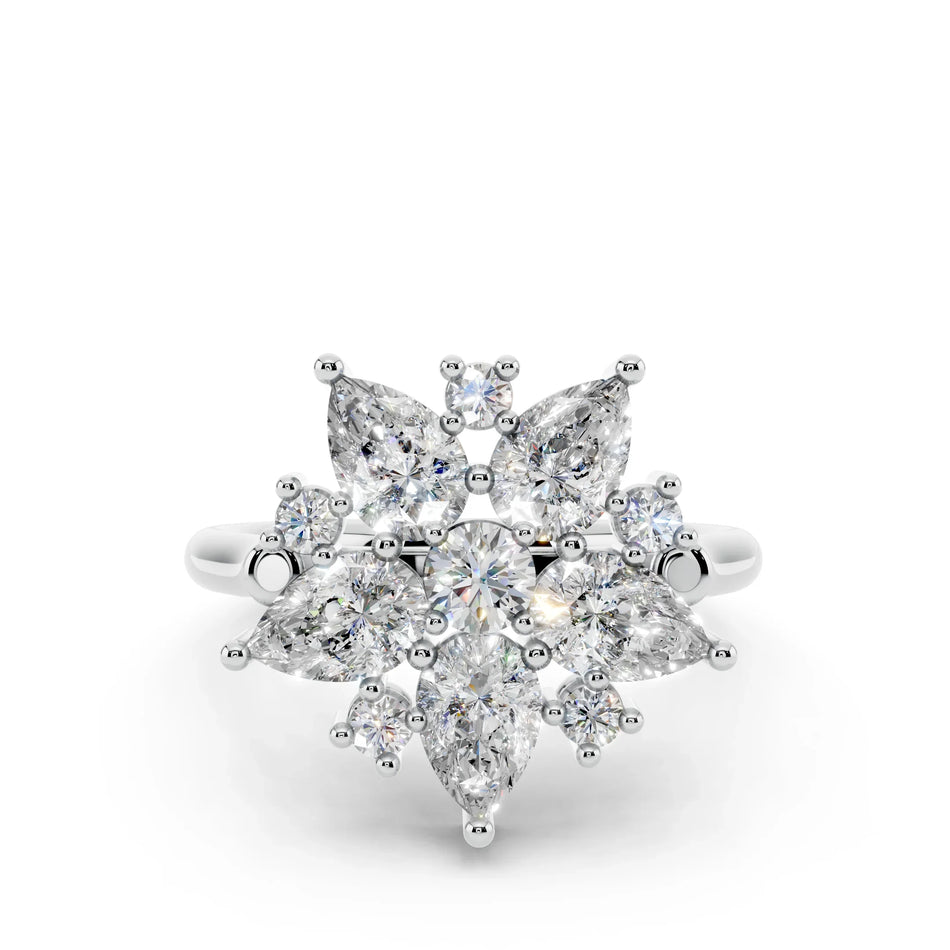 Floral-inspired diamond cluster engagement ring with marquise and round stones in white gold