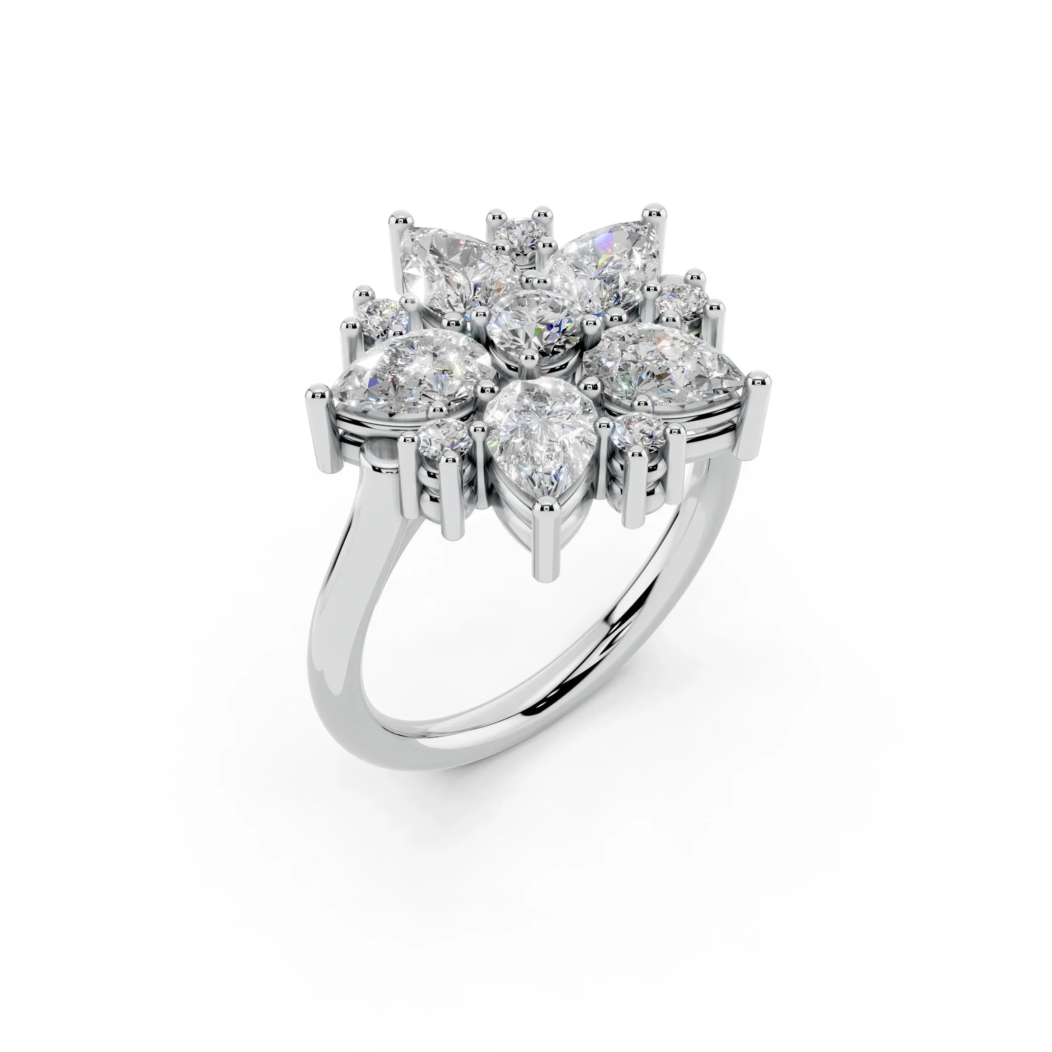 Cluster diamond engagement ring with pear and round cut stones in white gold setting