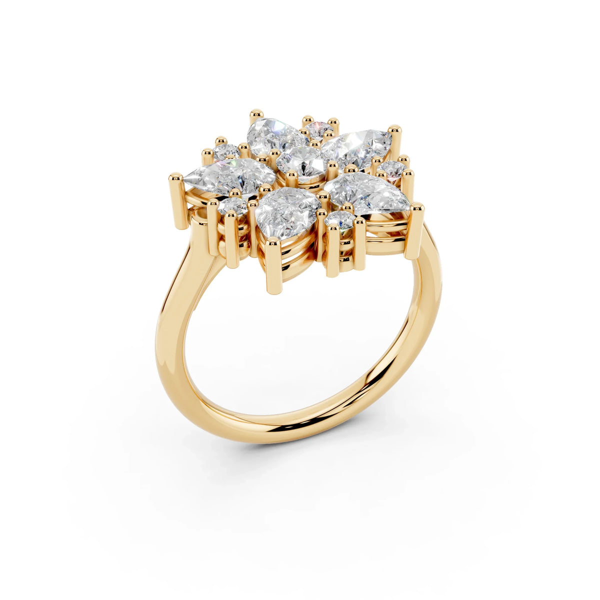 Yellow gold floral cluster engagement ring with pear and marquise cut diamonds