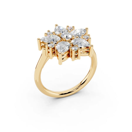 Yellow gold floral cluster engagement ring with pear and marquise cut diamonds