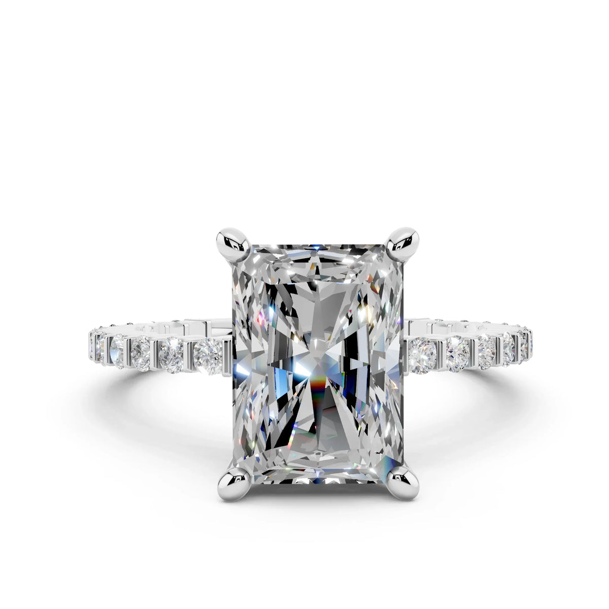 Radiant cut diamond engagement ring with diamond band set in white gold, front view
