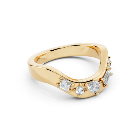 Curved yellow gold ring with mixed-shape diamonds, modern custom jewelry design