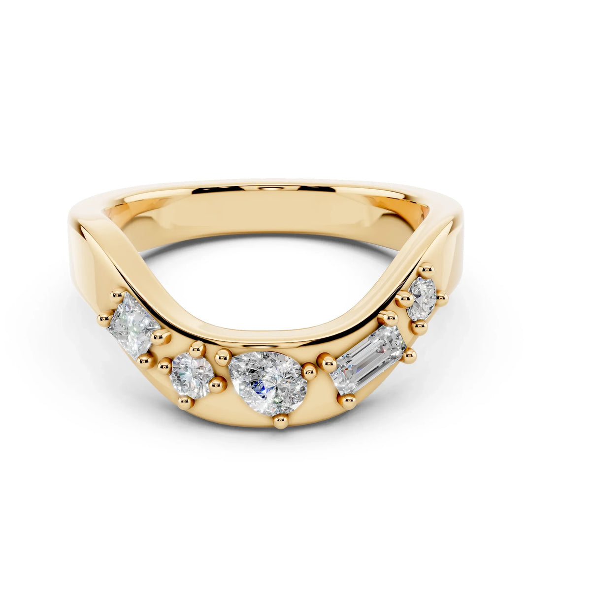 Yellow gold ring with assorted diamonds in unique curved band design, custom jewelry